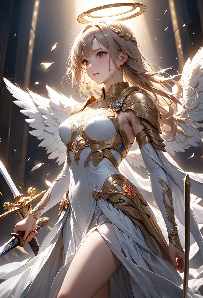 Action Painting, RAW Photos, Very delicate and beautiful, masterpiece, highest quality, Ultra-high resolution, 16k, hyperRealistic, Super detailed, Very detailedな CG 8k 壁紙, (highest quality),(Very complicated), (Realistic), (Sharp focus), (Cinema Lighting), (Very detailed), Girl Angel Warrior々Standing, Her two swords were raised in the air. Her sword is long and thin, With a blade that shines with holy light. He is an archangel, Standing tall with thousands of angels, Standing with sword held high. She's wearing shiny white armor, Eight angel wings spread wide. She has a determined look on her face, Her eyes are burning with determination. The girl angel warrior is not afraid. She has faced many difficulties in her life., but彼女はいつも勝利してきた. She knows she's fighting for what's right., And that gives her patience. Girl angel warrior swings a sword, And the air crackles with energy. She is a force to be considered, And her enemies should beware.. More specific examples of dual swords that can be used by the Girl Angel Warrior are as follows:。: long, A thin sword with a silver blade and gold hilt. The blade is inscribed with ancient runes that radiate a holy light.. The handle is shaped like an angel's wing., Encrusted with precious gems. These swords are not only beautiful, but、They are also incredibly powerful. They are said to have been forged by a master swordsmith in the fires of heaven., And imbued with angelic power. Only the young angel warriors can make the most of these swords.. She is the chosen one, そして彼女はInnocent person々Protect、Entrusted with the mission of fighting evil. With two swords in each hand, Girl Angel Warriors are an unstoppable force. She is a champion of justice、Innocent person々is the guardian of. She is a ray of hope in a dark and dangerous world.., Dragon Armor, Dragon Slayer, The dragon swore