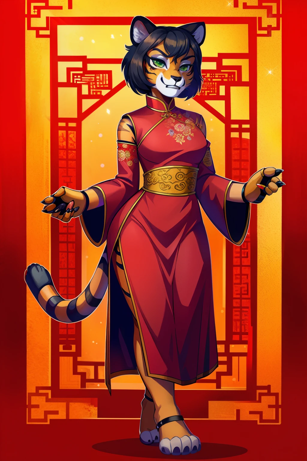 1 girl, solo, animatronic, tigress anthro, black hair, green eyes, red Chinese dress, fnaf, paws
