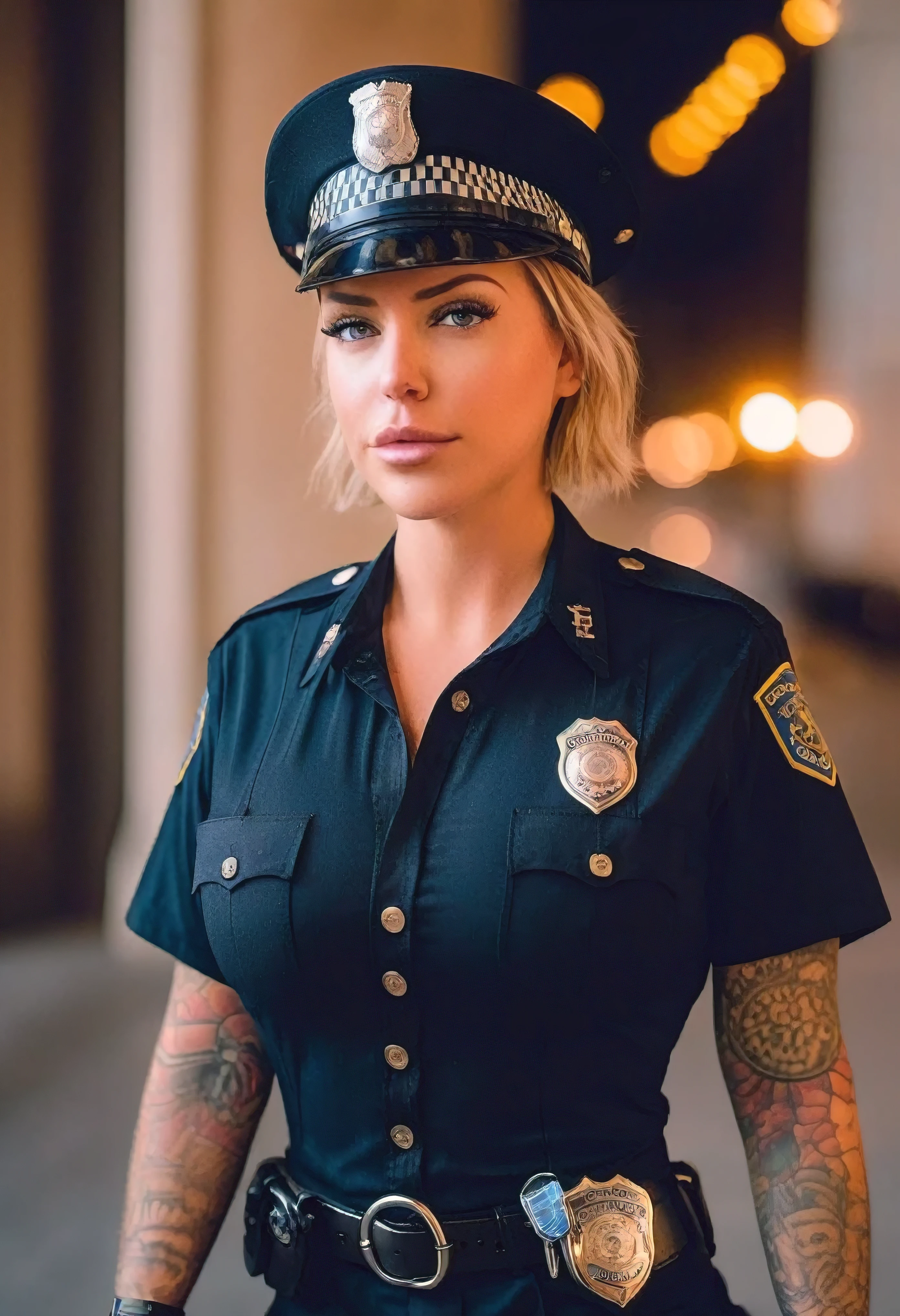 Laurence bedard in a police uniform holding a cell phone, wearing a police uniform, police officer, police lights shine on her face, brave police j decker face, officer, bodycam, police uniform, full body camera shot, in black uniform, bodycam footage, sparkling-eyes, perfect-eyes, full-lips, perfect-lips, stunningly-beautiful, high-saturation, 35mm-raw-photo, dynamic-composition, intense-expressions, police officer hit, (brave police j decker), cop, police