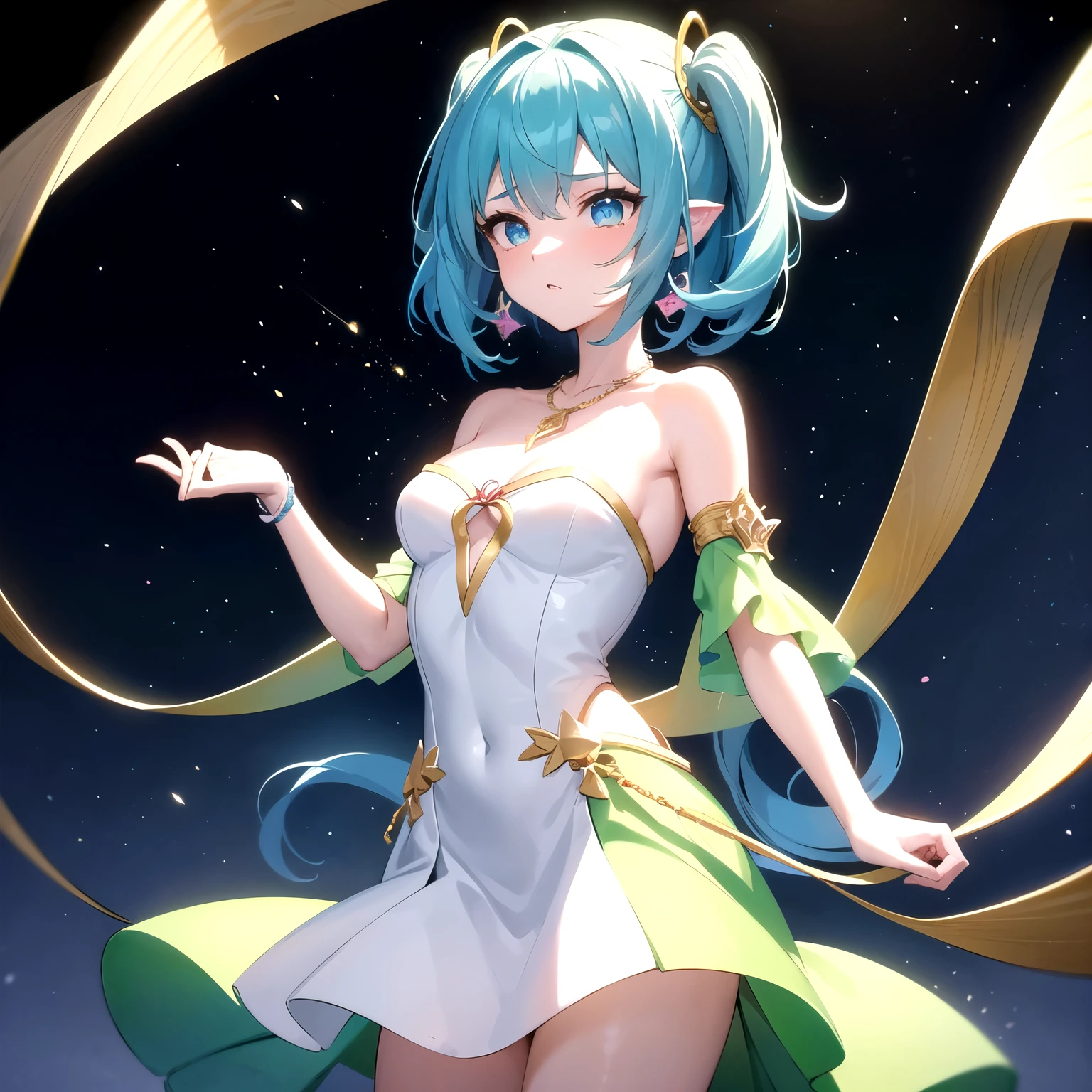 masterpiece, best quality, 1girl, medium red-scarlet-crimsor hair color ,vetage hair cut style ,blue-green mixed sharp anime eyes color and style ,tears drop stric in eyes,crystal blue -cyan colored ear-rings on both ears , necklace with golde made ,wearing white strapless dress ,sleevless ,puts her hand together as she praying , ,black as cosmo background ,brights coins falling from skies in golden color ,4K pic ,high details ,