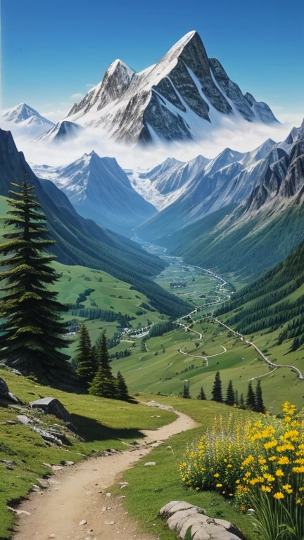 A realistic painting, mountains captured by a camera, mountain ranges, high mountains, within the mountains, in nature, hiking trails, breathtaking scenery, summer, daytime.