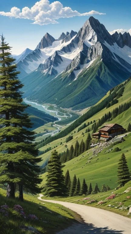A realistic painting, mountains captured by a camera, mountain ranges, high mountains, within the mountains, in nature, hiking trails, breathtaking scenery, summer, daytime.