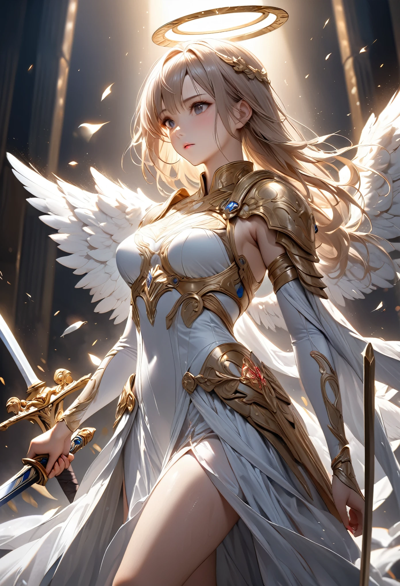 Action Painting, RAW Photos, Very delicate and beautiful, masterpiece, highest quality, Ultra-high resolution, 16k, hyperRealistic, Super detailed, Very detailedな CG 8k 壁紙, (highest quality),(Very complicated), (Realistic), (Sharp focus), (Cinema Lighting), (Very detailed), Girl Angel Warrior々Standing, Her two swords were raised in the air. Her sword is long and thin, With a blade that shines with holy light. He is an archangel, Standing tall with thousands of angels, Standing with sword held high. She&#39;s wearing shiny white armor, Eight angel wings spread wide. She has a determined look on her face, Her eyes are burning with determination. The girl angel warrior is not afraid. She has faced many difficulties in her life., but彼女はいつも勝利してきた. She knows she&#39;s fighting for what&#39;s right., And that gives her patience. Girl angel warrior swings a sword, And the air crackles with energy. She is a force to be considered, And her enemies should beware.. More specific examples of dual swords that can be used by the Girl Angel Warrior are as follows:。: long, A thin sword with a silver blade and gold hilt. The blade is inscribed with ancient runes that radiate a holy light.. The handle is shaped like an angel&#39;s wing., Encrusted with precious gems. These swords are not only beautiful, but、They are also incredibly powerful. They are said to have been forged by a master swordsmith in the fires of heaven., And imbued with angelic power. Only the young angel warriors can make the most of these swords.. She is the chosen one, そして彼女はInnocent person々Protect、Entrusted with the mission of fighting evil. With two swords in each hand, Girl Angel Warriors are an unstoppable force. She is a champion of justice、Innocent person々is the guardian of. She is a ray of hope in a dark and dangerous world.., Dragon Armor, Dragon Slayer, The dragon swore