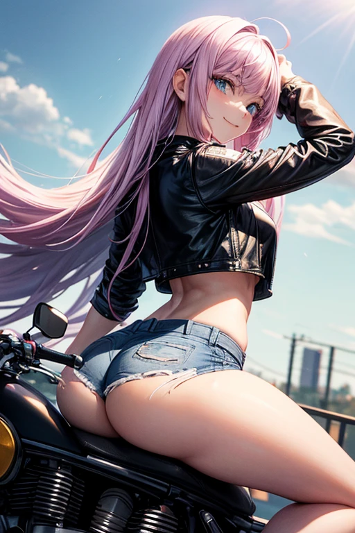 Draw Camila, an anime-style female character. long lilac hair reaching her waist with baby bangs, blue eyes, lilac eyebrows, smile on her face. small breasts, thin waist, very large and perky ass, thick shapely thighs. She is wearing short, tight jeans and shorts and a short black leather jacket. riding a powerful motorcycle on the road at high speed with the body leaning over the motorcycle. pink helmet. view from behind. rainy night. She is mounted on the motorcycle riding at high speed. hands holding the handles of the motorcycle and body leaning forward, looking straight ahead. tunic perspective of the road. view of the back showing the ass mounted on the bike.