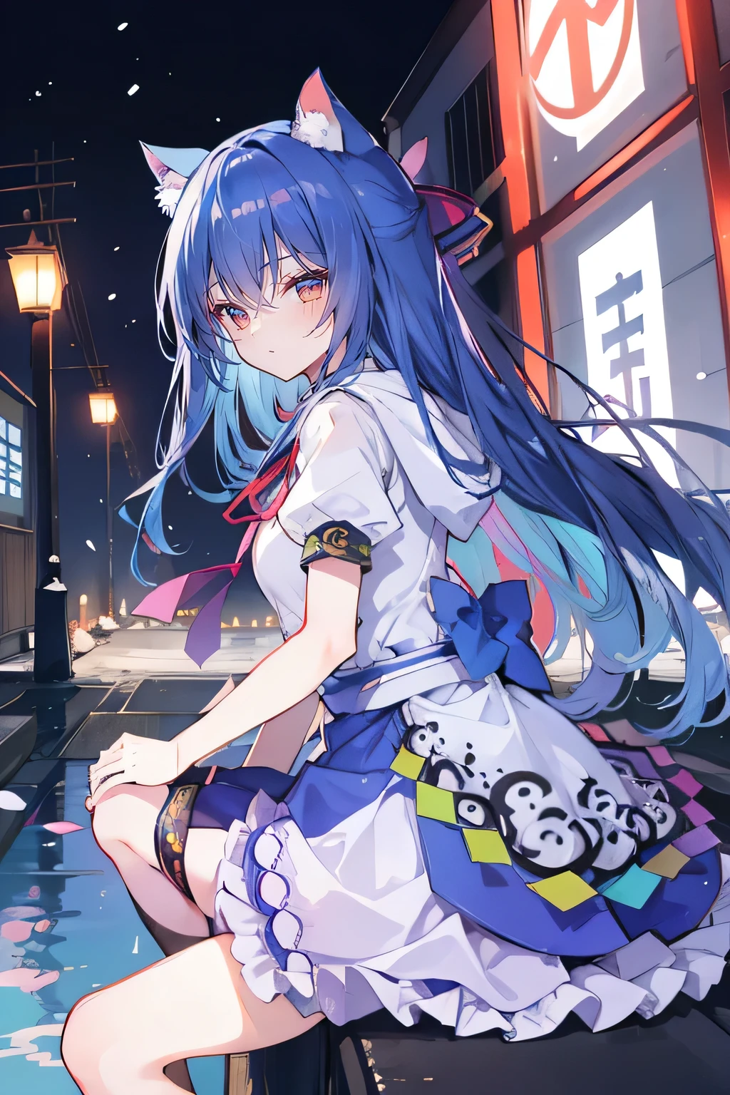 (masterpiece:1.2),Super detailed,lifelike,Expressive eyes,fair skin,perfect face shape,1 girl,
Japanese comics,Gorgeous blue hair,flowing blue hair,flowing clothes,Cat ears,Petals fall,beautiful lola,Baby Angel,
Cross your legs,Gentle and peaceful background,The pavilion is cool and comfortable,smile, wearing hoodie, background of tokyo,back views,snowing, winter,sad face ,crying.
