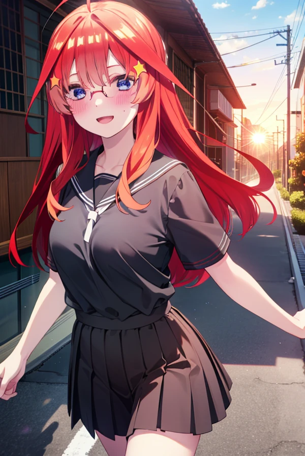 itsukinakano, Itsuki Nakano, bangs, blue eyes, Hair between the eyes, Ahoge, Redhead, star \(symbol\), hair ornaments, star 髪飾,blush,smile、happy smile, smile, Open your mouth,Akagi glasses,Big Breasts,Japan High School Girl(Black sailor suit),Short sleeve,black pleated skirt,Black knee-high socks,Brown loafers,Walking,morning,morning陽,The sun is rising,whole bodyがイラストに入るように,Walking上から見下ろす,
break outdoors, In town,Building district,
break looking at viewer, whole body,
break (masterpiece:1.2), highest quality, High resolution, unity 8k wallpaper, (figure:0.8), (Beautiful fine details:1.6), Highly detailed face, Perfect lighting, Highly detailed CG, (Perfect hands, Perfect Anatomy),