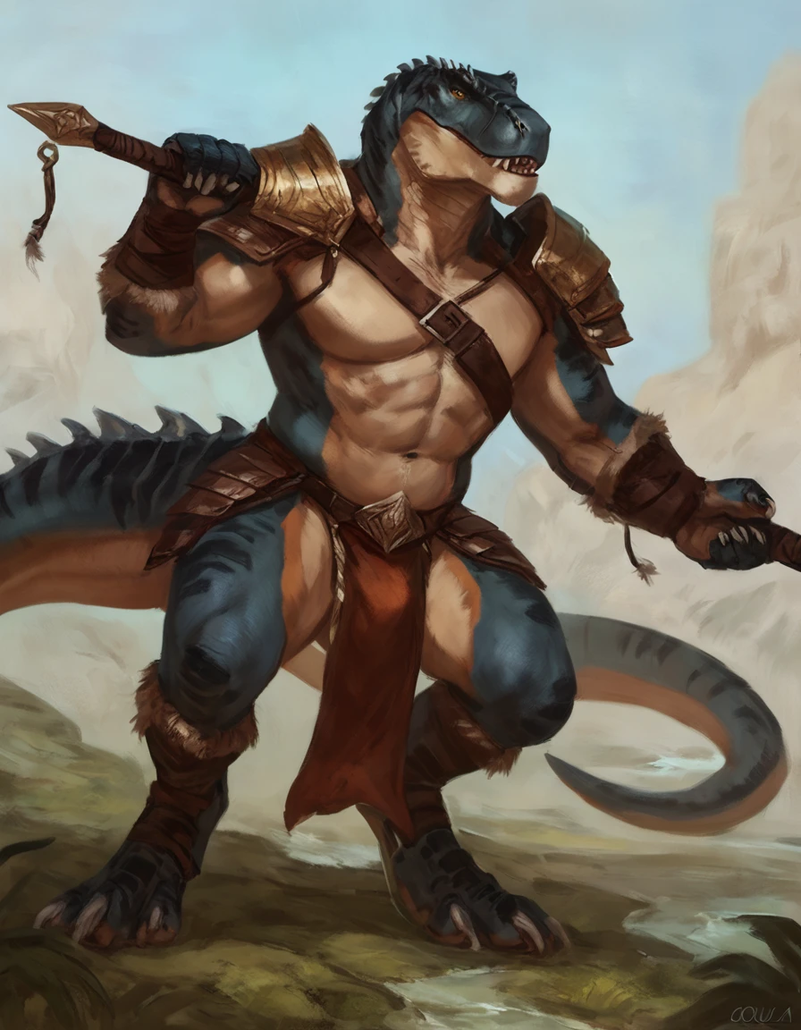 male anthro tyrannosaurus, concept art, masterpiece, big body, high quality, feet, loincloth, warrior outfit, pose, by oouna, dilf body,