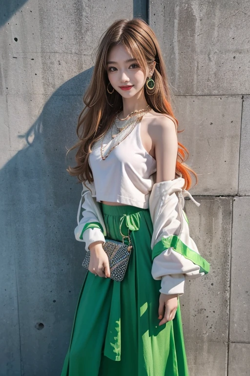 highest quality, Very detailed, masterpiece, 1 person,woman,(((完璧なwomanの体))),Very beautiful face, Very beautiful body,Gentle expression, Very beautiful eyes,(Perfect Makeup:1.1),Fashion Model,Fractal Graphic Art,Cyberpunk Fashion,Long Hair,Shaggy Hair,green、Orange Hair:1.3, very thin body,Smart Abs, greenと紫のサイバーパンク衣装, Long skirt,necklace,anklet,Two-tone high-top sneakers,A kind smile,Full body portrait,(Street background:1.3), (Shiny skin),(Earrings),Geometric pattern,Gradation,neon,