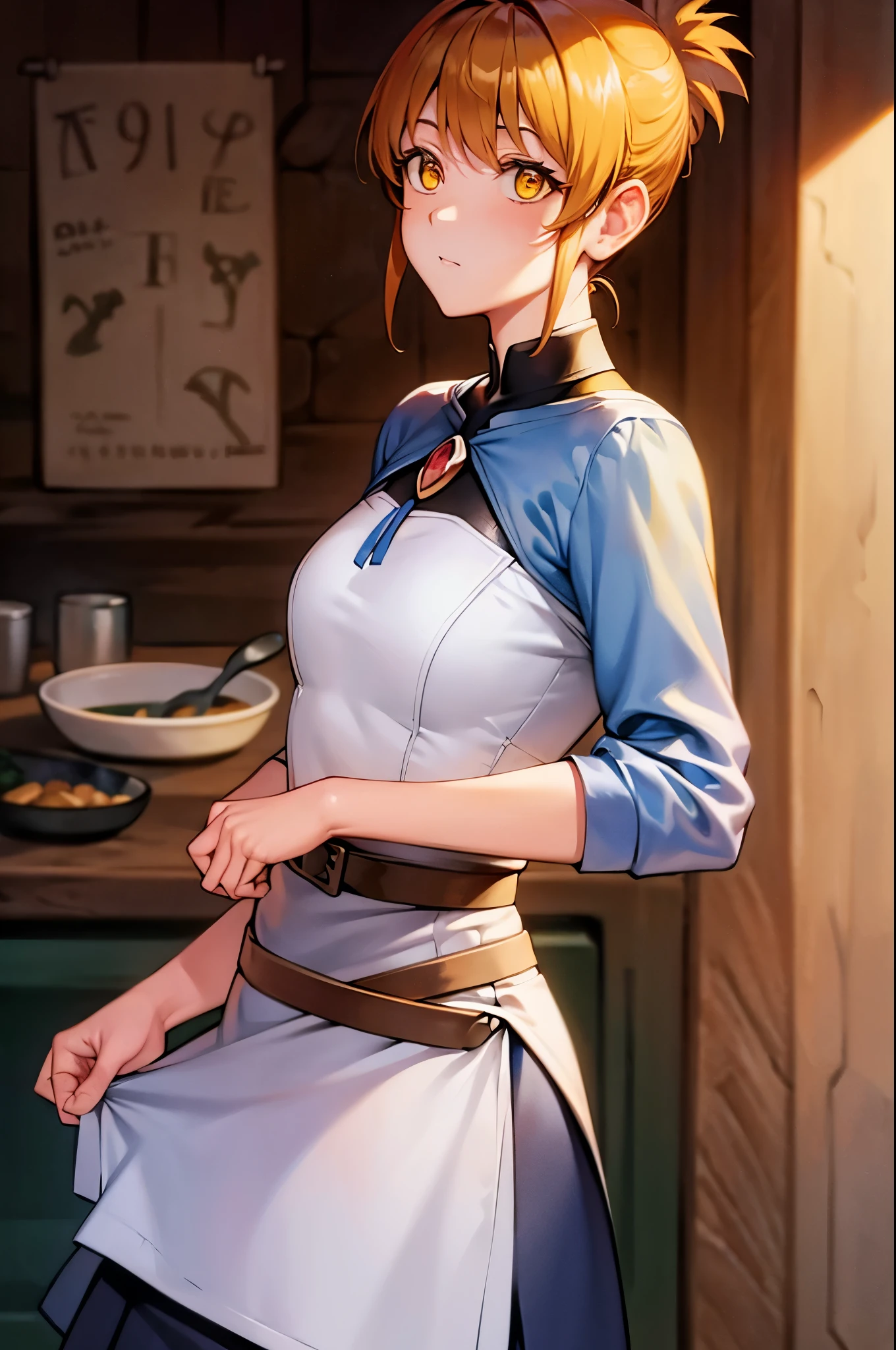 marci, cooking on the medieval kitchen, yellow eyes, short ponytail haircut