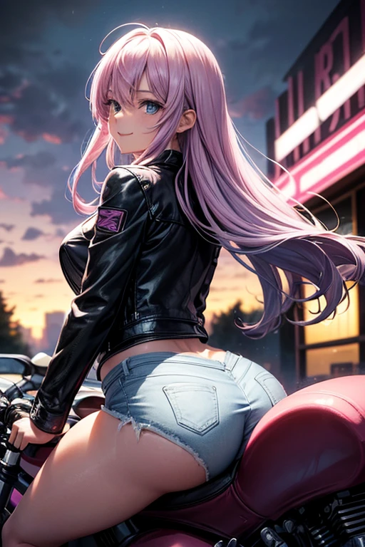 Draw Camila, an anime-style female character.  long lilac hair reaching her waist with baby bangs, blue eyes, lilac eyebrows, smile on her face.  small breasts, thin waist, very large and perky ass, thick shapely thighs.  She is wearing short, tight jeans and shorts and a short black leather jacket.  riding a powerful motorcycle on the road at high speed with the body leaning over the motorcycle.  pink helmet.  view from behind.  rainy night.  She is mounted on the motorcycle riding at high speed.  hands holding the handles of the motorcycle and body leaning forward, looking straight ahead.  tunic perspective of the road.  view of the back showing the ass mounted on the bike.