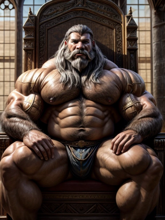 burly virile bulky man, overmuscular and musclebound, bulging veiny muscles, broad shoulders, wide chest, overly thick arms and legs, thick body, a hulking figure with swelling muscles, a long bushy beard and a thick mustache, grey hair, a king sitting on his throne, high detail, medieval, realistic, detailed face, clear countenance