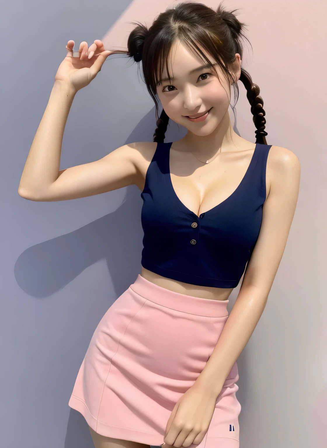 ((Ultra-high resolution)),8K,、Leaning forward to reveal cleavage、Small breasts, , Twin tails, Navy blue mini skirt, Pink polo shirt、Small cleavage 2:1,Idol Sculpture, Wet, smile、Pink wall、sexy、slender、Shapely small breasts、I can see your thighs、