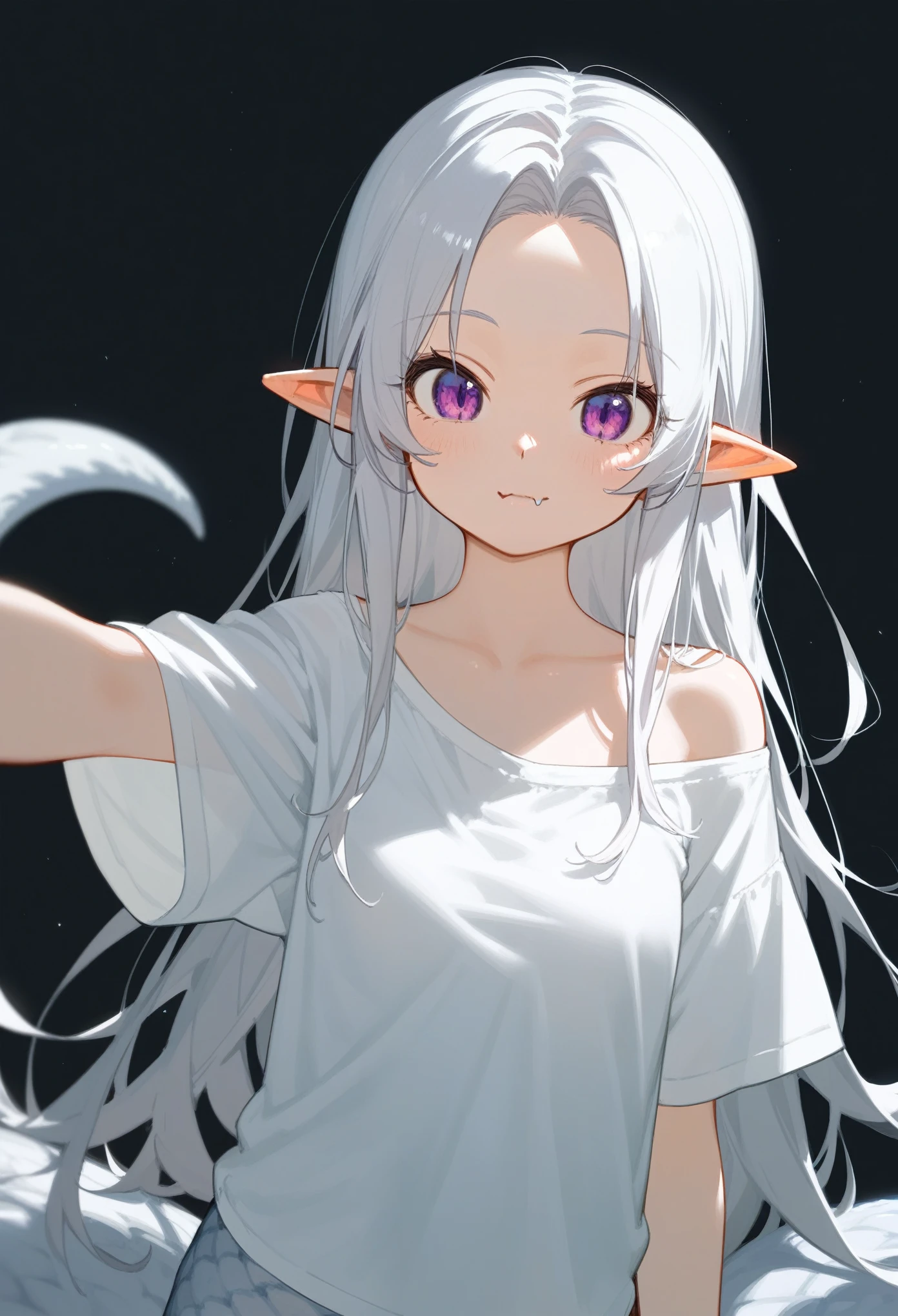 Best quality, score_9, score_8_up, score_7_up, 1girl, lamia monstergirl, white scales, purple eyes, white hair, long hair, parted bangs, pointy ears, spread arms, cute, white oversize shirt, off shoulder, short sleeves, saggy shirt, closed mouth, innexpressive, fang, looking at viewer, black background, upper body, zoom out, 