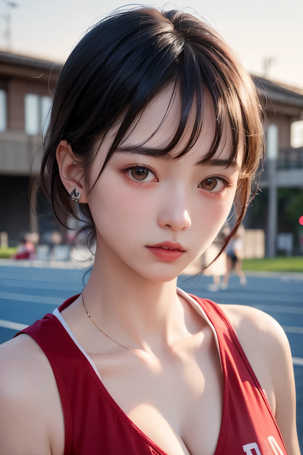 (1 nogizaka girl,raw photo,photo realistic:1.5),(best quality, high quality,HDR, highest quality,ultra high resolution,high resolution,high res,ultra high difinition,huge file size,8K,2K wallpaper,8K wallpaper,high quality texture,amazing,an extremely delicate:1.4),one girl, Japanese famous idol,beautiful face,small face,absurd,ridiculous,incredibly ridiculous,portrait,breasts close up,blurry background,(track and field uniform,cleavage,no makeup:1.2),medium skin,beautiful skin,detailed skin,small head,black hair,silky hair,(Japanese eyes:1.3),detailed eyes,black eyes,Japanese idol eyes,perfectly propotioned face,Japanese nose,5-fingers,(Light Particles, Lens Flare, Luminous Particles: 0.7),looking at viewer,bright lighting,professional lighting,girl