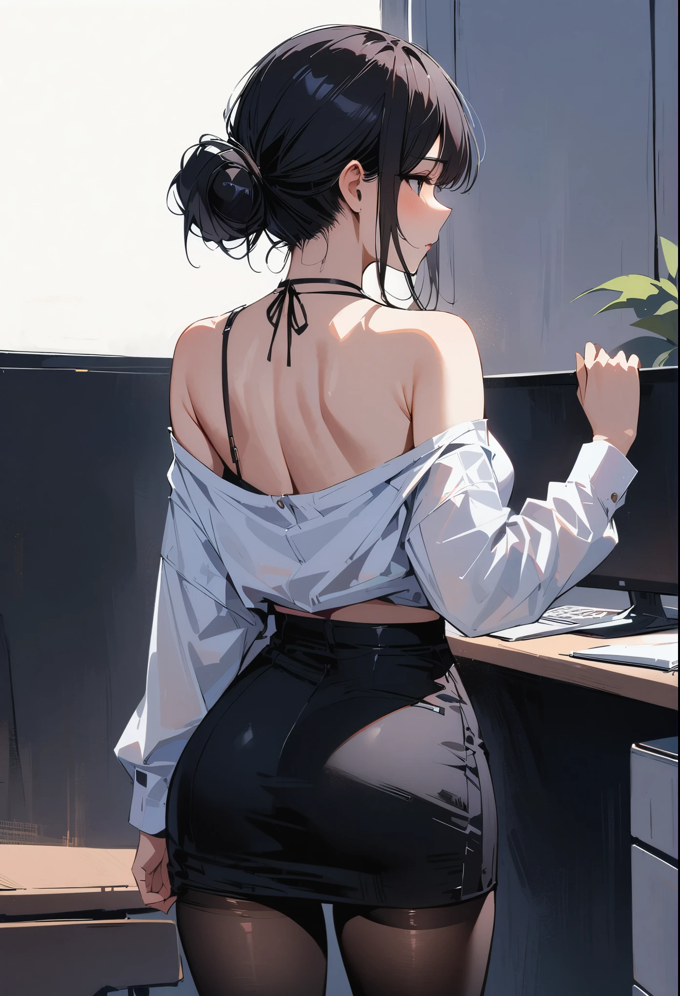 (masterpiece, best quality:1.2), 1 girl, alone , (sexy) , (black_H-line skirt:1.2),black skirt, (white_oxford_shirts:1.2),(office look female) ,cowboy shot, black hair ,hair bun,  (office_background:1.3)  , (pantyhose:1.2) , from behind, bare shoulders , be undressed shirts
