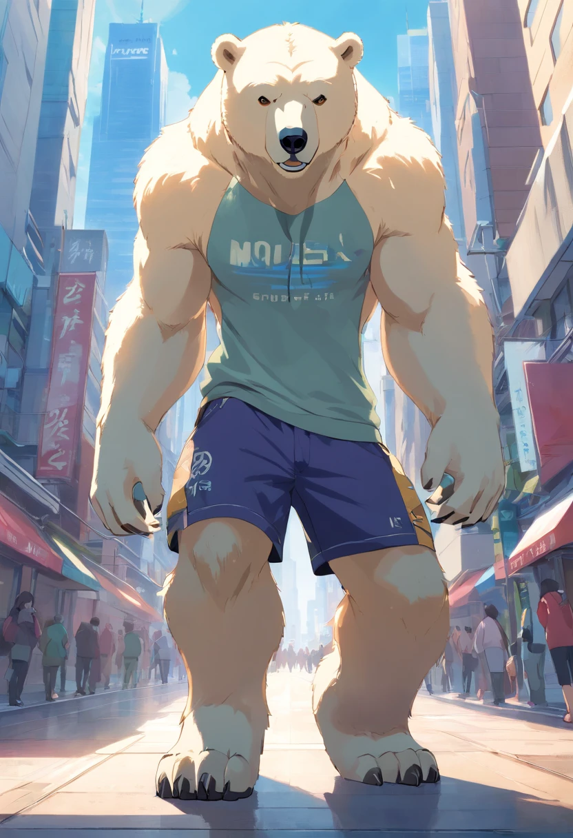 ((foto crua)), ((obra-prima)), Anthropomorphic humanoid polar bear wearing (((roupas de streetwear))), caminhando furiosamente entre as pessoas, detalhe intrincado, intricate Greebles pieces, city behind, corpo musculoso, (((large muscles))), muscular arms, (small head), Ogro monstruoso, Titan soft lighting, Hiper realista, soft-lighting, Ambiente sinistro