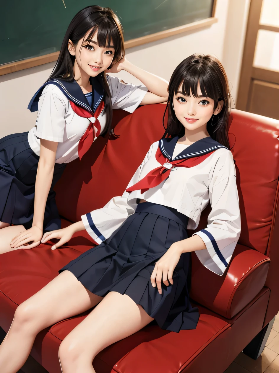 (top-quality、in 8K、32K、masterpiece、超A high resolution、Impresionismo、Photorealsitic:1.2)、Full body, Inside the classroom、Schools、Evening glow、beauitful face、blurry backround、16-year-old beautiful girl、shinny skin、bob cuts、Beautiful black hair、(Katyusha:1.2)、a sailor suit、Pleated miniskirt、Curve、dynamicposes、Smile with open mouth、Two girls, lying on sofa