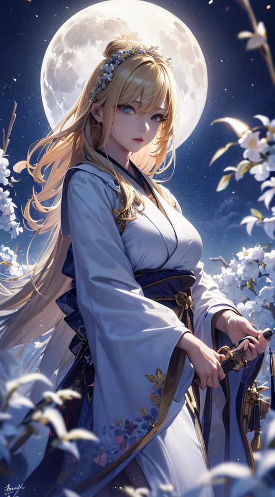 masterpiece, high quality, 4K, Beautiful design, silhouette,blonde,, 非常に詳細な夜のStarry Sky,Flower Field, wonderful, Finer details, Very knowledgeable woman, Highly detailed solo, 1 female,Beautiful Eyes,tears,Big Breasts,White kimono,Night view,Starry Sky,full moon,