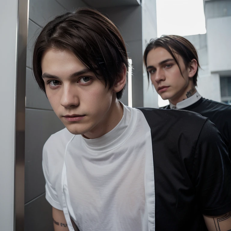 Polish emo boy short dark brown hair, blue-gray eyes, very white complexion, similar to the character Dominik Santorski from the movie Suicide Room, dressed as an emo from 2000, Height 1.91cm, very thin, very handsome , Do it in Mexico by taking a selfie with a Mexican hat