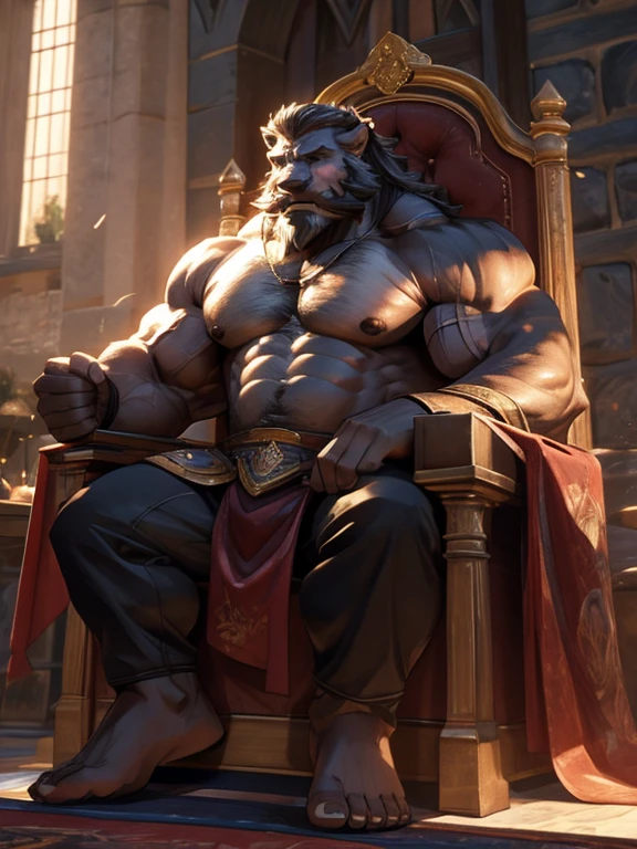 burly virile bulky man, overmuscular and musclebound, bulging veiny muscles, broad shoulders, wide chest, overly thick arms and legs, thick body, a hulking figure with swelling muscles, a long bushy beard and a thick mustache, grey hair, a king sitting on his throne, high detail, medieval, realistic, detailed face, clear countenance