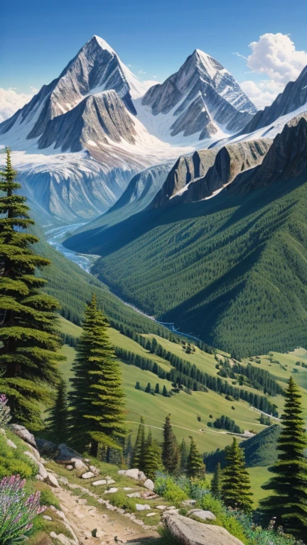 A realistic painting, mountains captured by a camera, mountain ranges, high mountains, within the mountains, in nature, hiking trails, breathtaking scenery, summer, daytime.