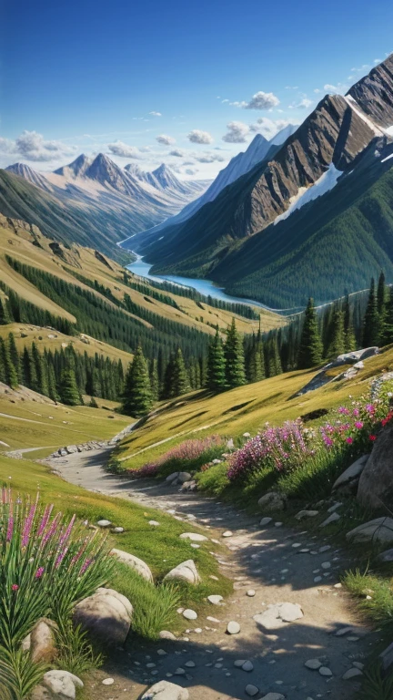 A realistic painting, mountains captured by a camera, mountain ranges, high mountains, within the mountains, in nature, hiking trails, breathtaking scenery, summer, daytime.
