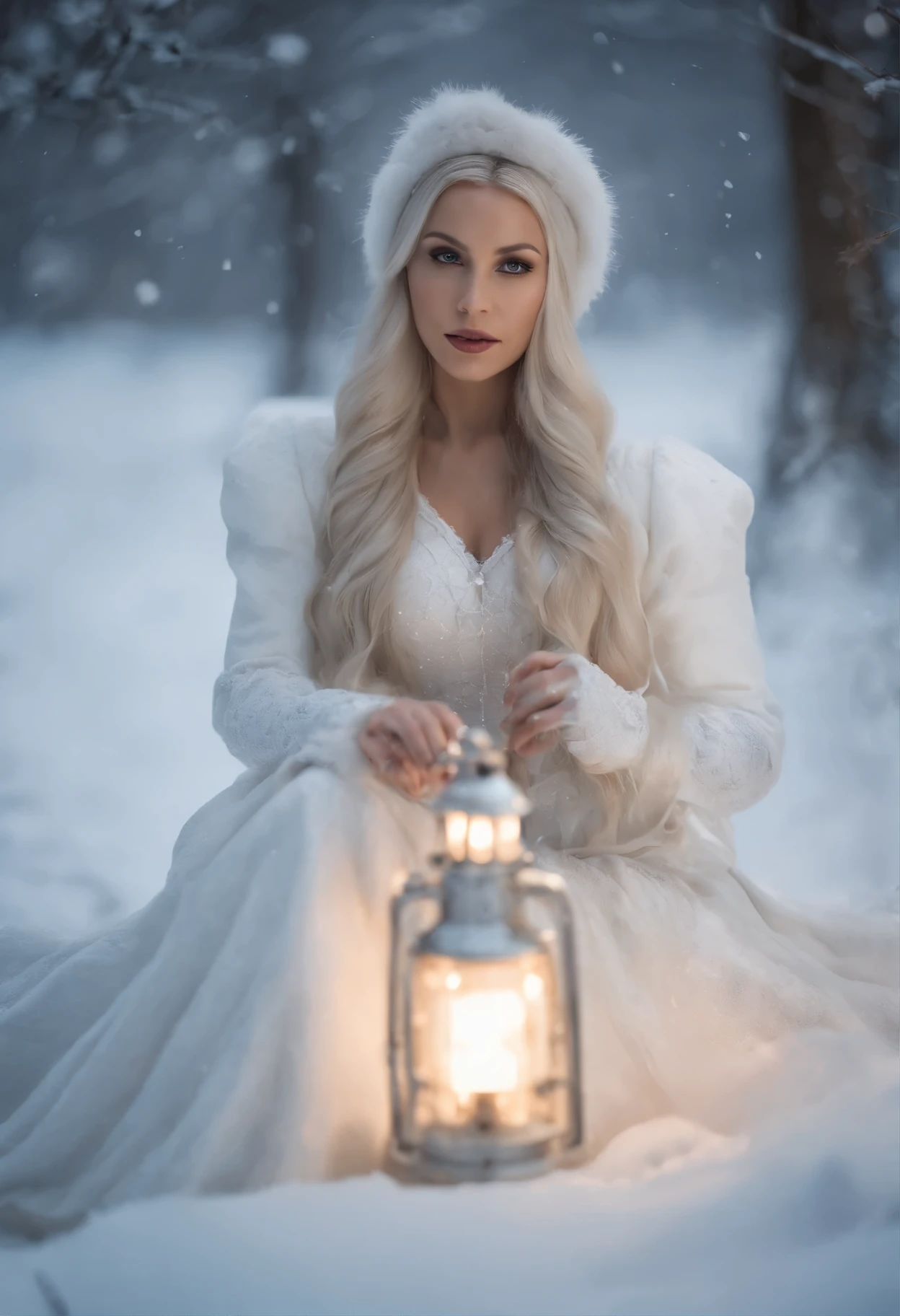 arafied woman in white dress sitting on snow with lantern, inspired by Anne Stokes, in the snow, girl under lantern, in style of anne stokes, very long snow colored hair, portrait of a steampunk ice lady, only snow i the background, pale snow white skin, in snow, ice queen, goddess of winter, white witch, full body:: snow outside::