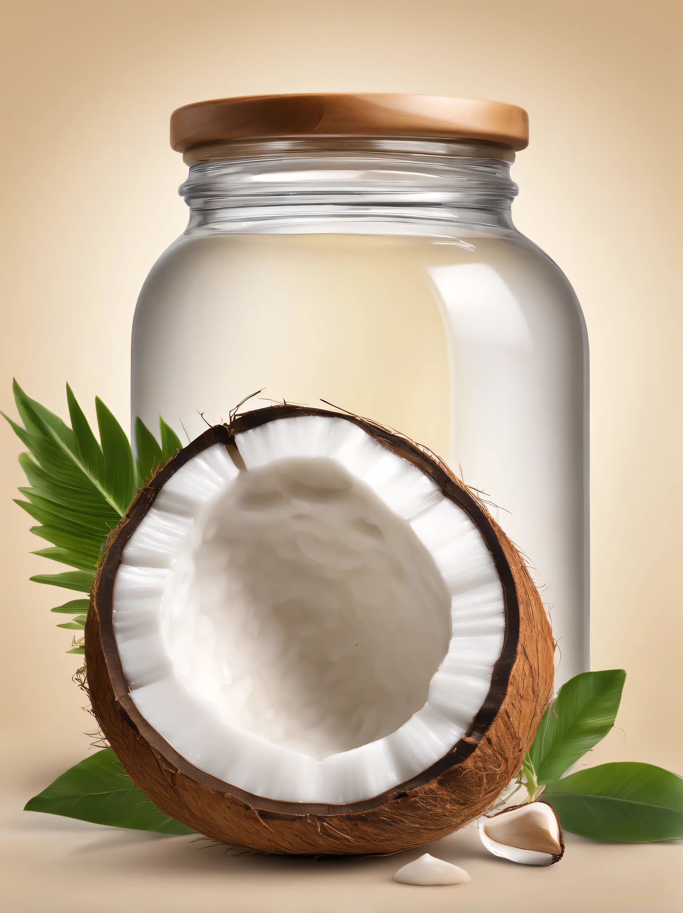 Generate a visually appealing and realistic image of coconut oil. In a modern kitchen The main focus should be a clear glass jar filled with pure, white coconut oil,.. Beside the jar, depict a coconut cut in half, showing the fresh white meat from which the oil is derived. Include subtle details like the fibrous outer shell of the coconut and a small, wooden spoon resting against the jar, suggesting its use in cooking or skin care. Aim for a soft lighting setup that highlights the natural sheen of the coconut oil and evokes a sense of purity and naturalness. The overall composition should be simple yet elegant, suitable for use in a culinary or health and wellness context."