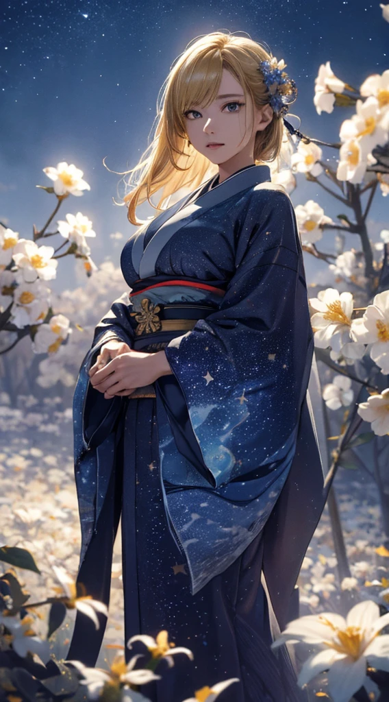 masterpiece, high quality, 4K, Beautiful design, silhouette,blonde, 非常に詳細な夜のStarry Sky,Flower Field, wonderful, Finer details, Very knowledgeable woman, Highly detailed solo, 1 female,Beautiful Eyes,tears,I like rumors,Big Breasts,Blue kimono,Night view,Starry Sky,full moon,
