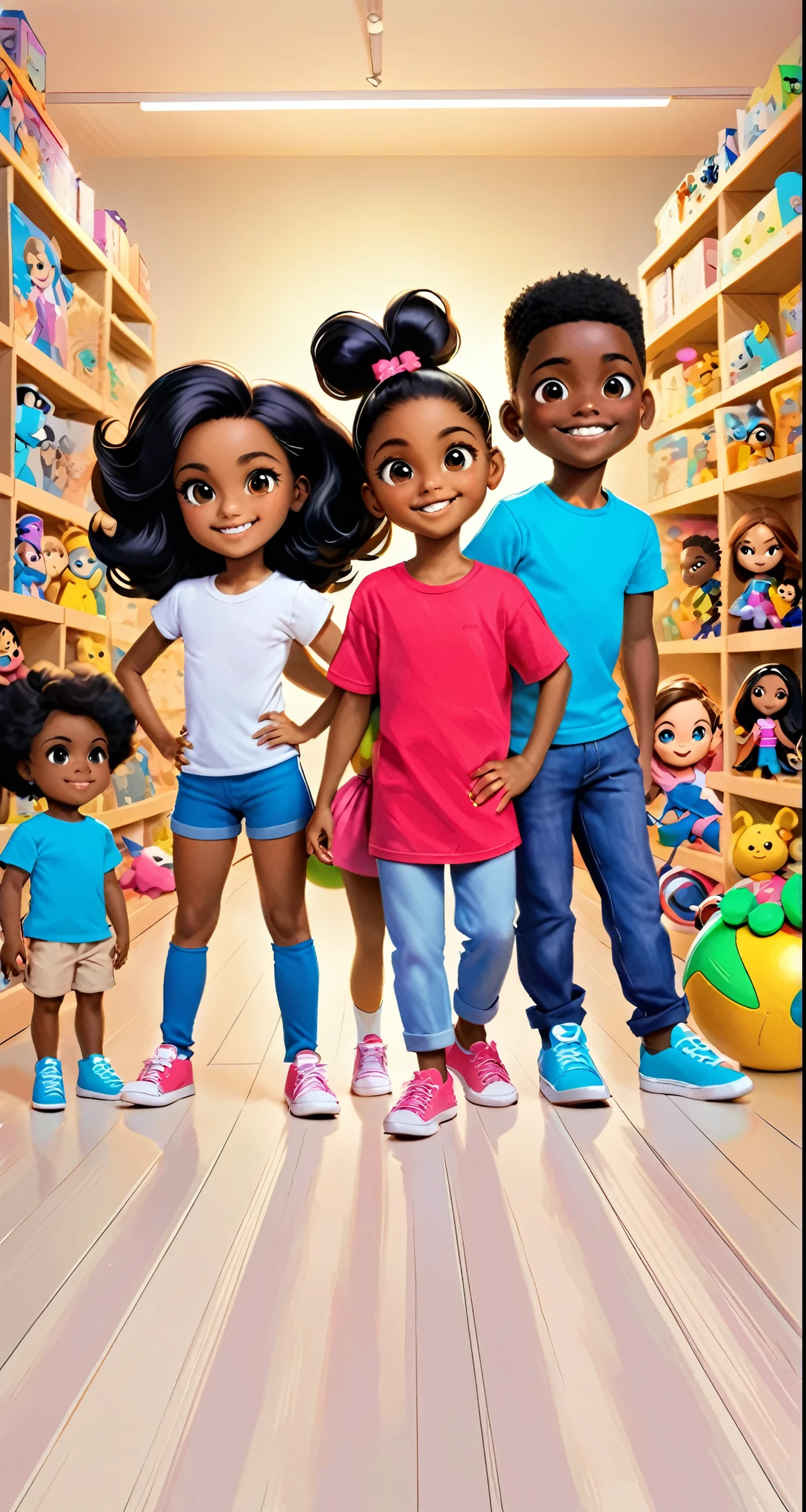 Four black children between 10 and ************, sendo 2 ******s e uma ,  com tshirts brancas sorridentes , with lots of toys at your feet, like superhero dolls, bicicletas, bonecas barbie, bolas de futebol e embrulhos de presente e sacos cheio de outros brinquedos em formato de cartoon tipo pixar, They are in a studio with nothing on the walls that are completely white and they are posing happily for a photo for Children&#39;s Day.  Cabelos crespos, cabelos encaracolados, muitos brinquedos ao fundo  nas prateleiras brancas