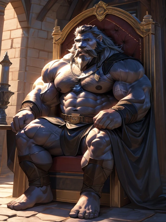 burly virile bulky man, overmuscular and musclebound, bulging veiny muscles, broad shoulders, wide chest, overly thick arms and legs, thick body, a hulking figure with swelling muscles, a long bushy beard and a thick mustache, grey hair, a king sitting on his throne, high detail, medieval, realistic, detailed face