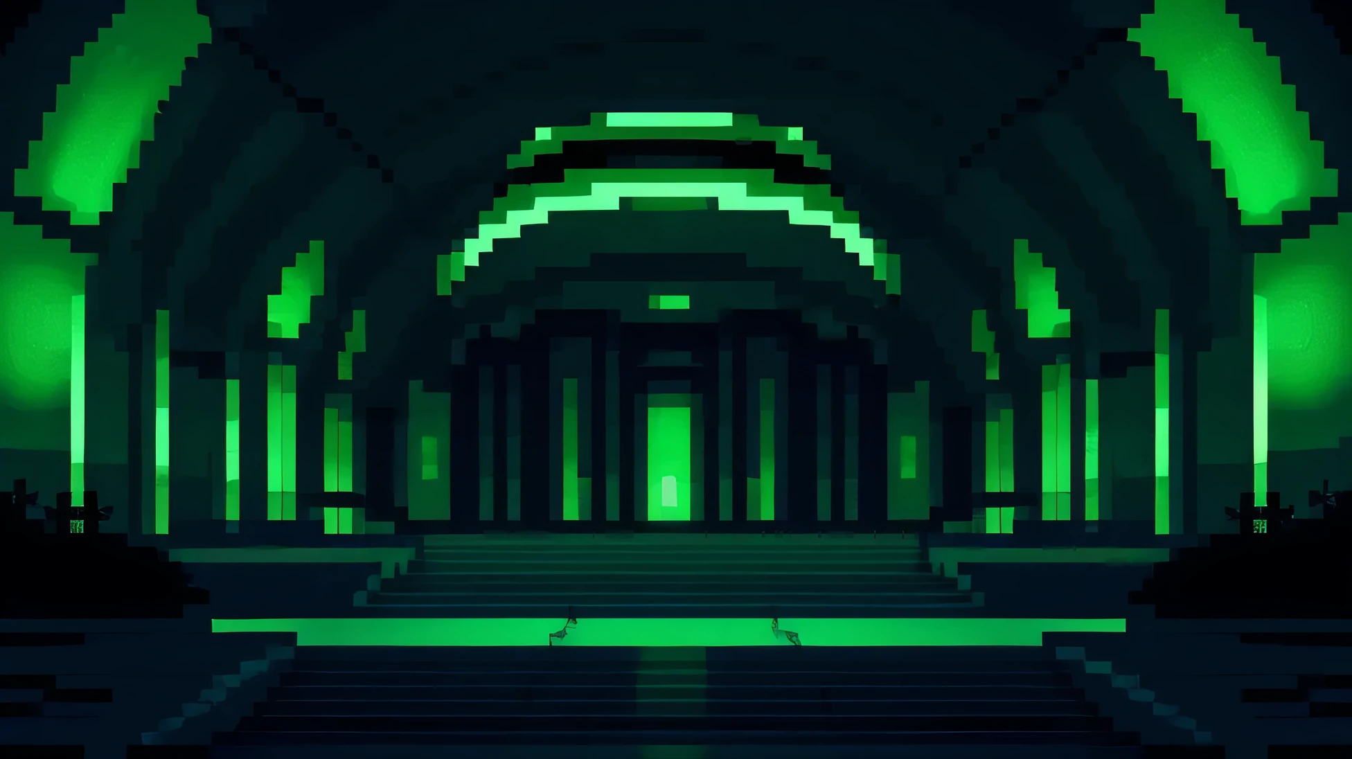 Pixel art, Pixel Perfect, sharp focus,physically-based rendering,surreal atmosphere, mysterious,digitally manipulated,dreamlike quality,futuristic architecture,otherworldly buildings,advanced technology, advanced alien civilization,extraterrestrial life,unique and otherworldly creatures,green and black color scheme,neon lights, repetitive patterns of buildings,nighttime atmosphere