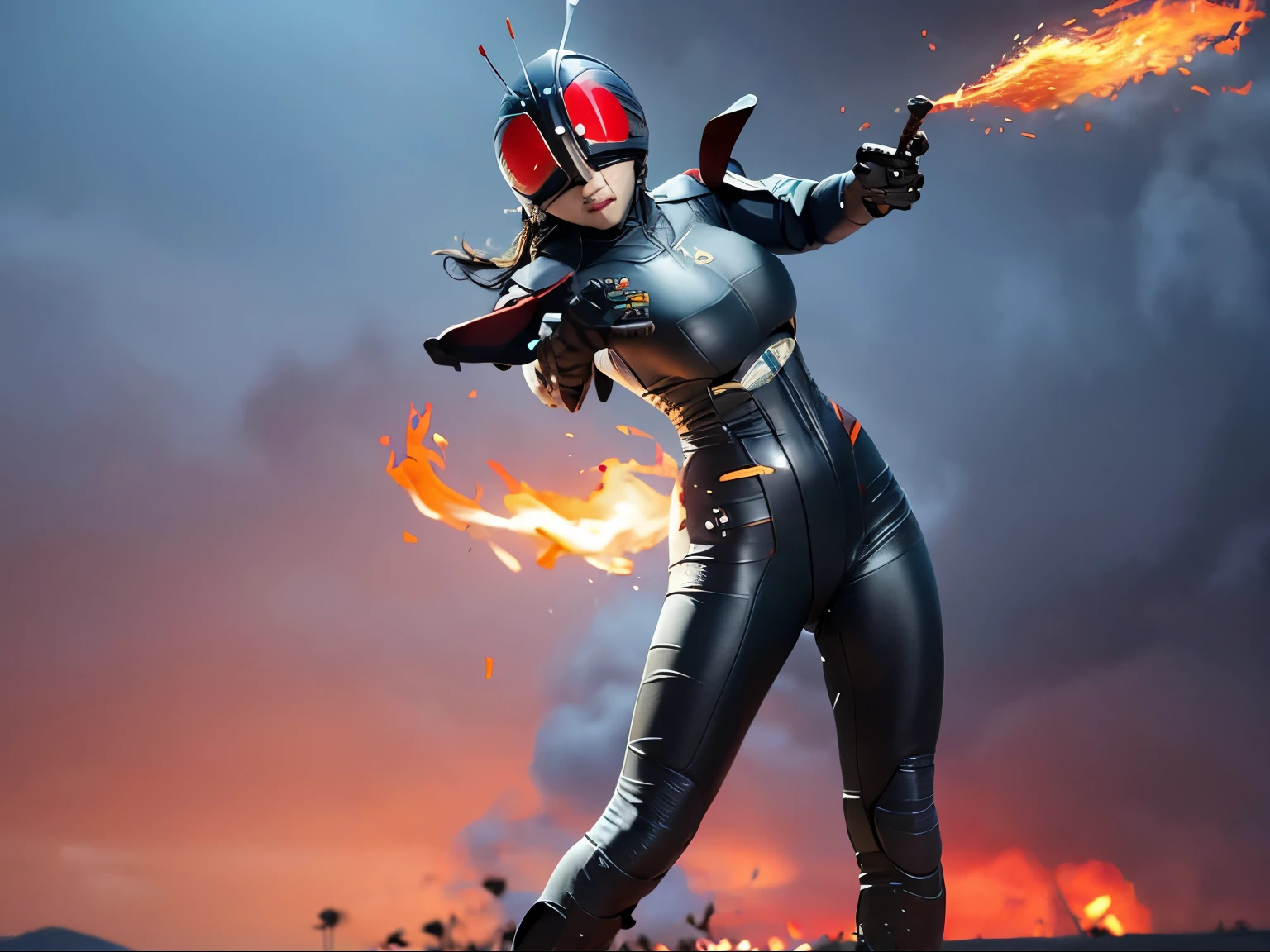 original photo, UHD, 8K, 300Dpi, hyper realistic, girl with l wearing tight spandex Kamen Rider black costume, athletic body, big breasts, body curves, big thighs, tight thighs, taking off the helmet, hands holding the helmet, standing on the side big sports motorbike, fire explosion background, cinematic shooting,