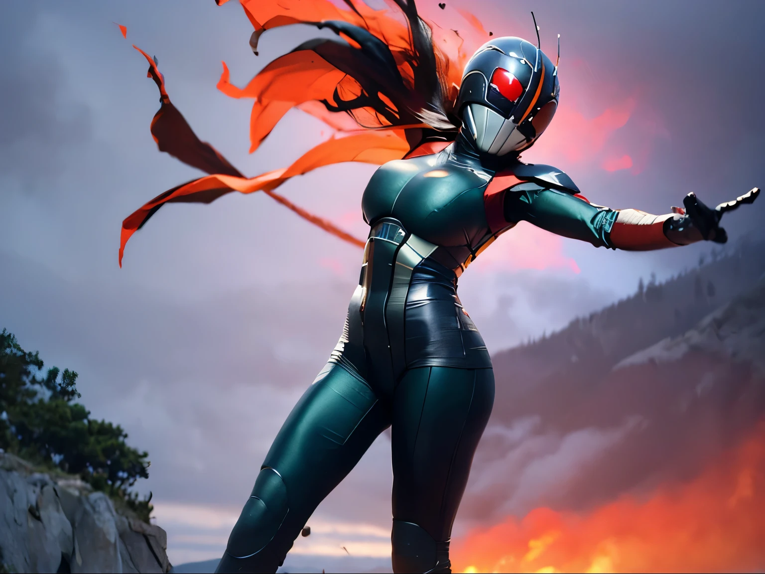 original photo, UHD, 8K, 300Dpi, hyper realistic, girl with l wearing tight spandex Kamen Rider black costume, athletic body, big breasts, body curves, big thighs, tight thighs, taking off the helmet, hands holding the helmet, standing on the side big sports motorbike, fire explosion background, cinematic shooting,