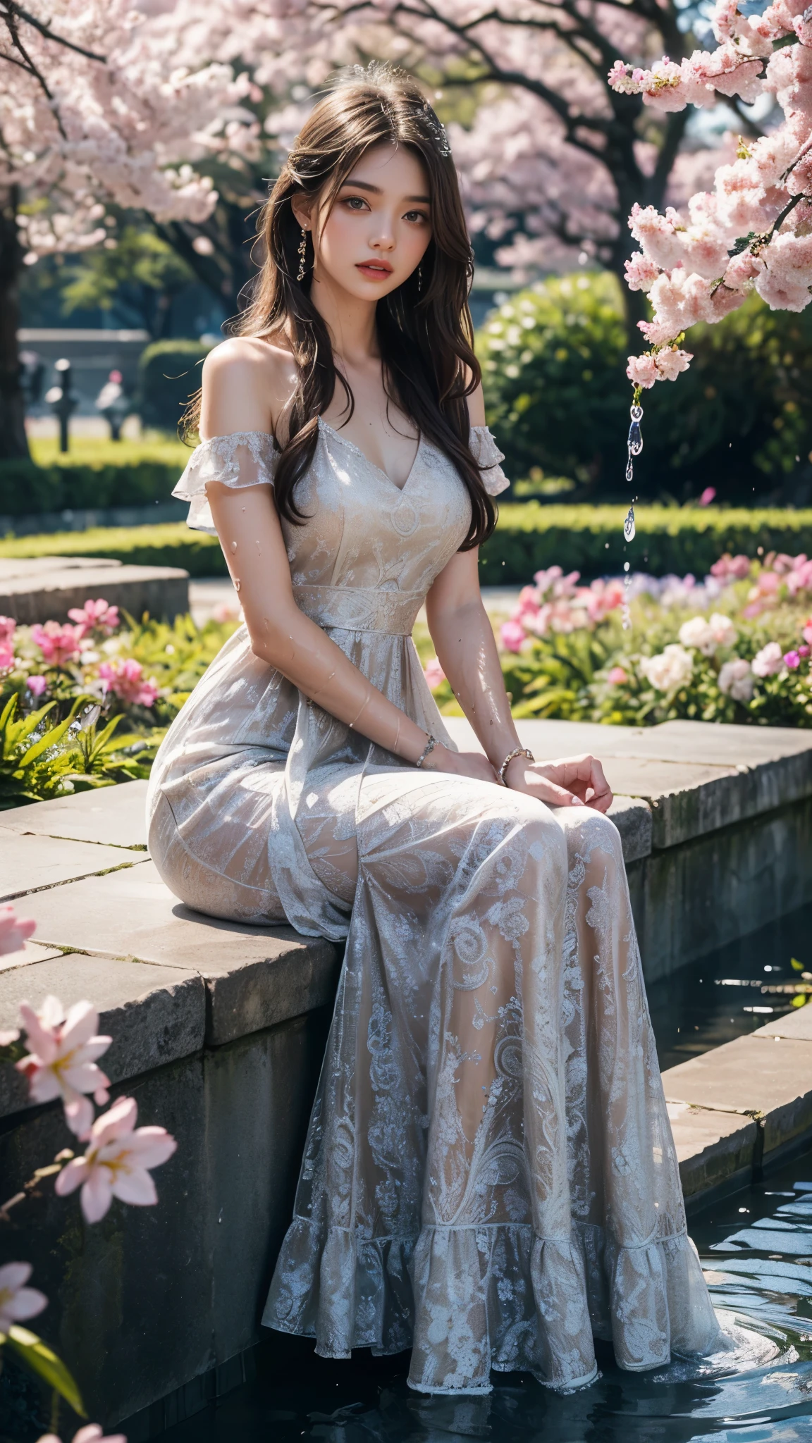 4k, Ultra high quality, masterpiece, 1 girl, serious face, delicate eyes, Very long hair, (flared dress:1.5), blue flared dress, Paisley print, (jewelry:1.5), bell waist, In the garden, Cherry blossoms, rain:1.5, (water:1.5), sit,