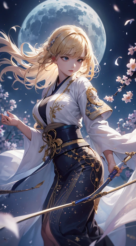 masterpiece, high quality, 4K, Beautiful design, silhouette,blonde,, 非常に詳細な夜のStarry Sky,Flower Field, wonderful, Finer details, Very knowledgeable woman, Highly detailed solo, 1 female,Beautiful Eyes,tears,Big Breasts,White kimono,Night view,Starry Sky,full moon,