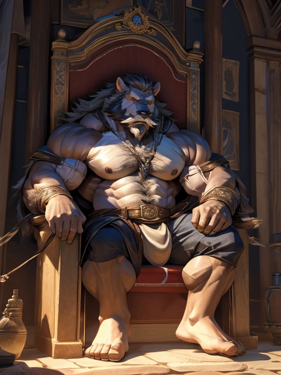 burly virile bulky man, overmuscular and musclebound, bulging veiny muscles, broad shoulders, wide chest, overly thick arms and legs, thick body, a hulking figure with swelling muscles, a long bushy beard and a thick mustache, grey hair, a king sitting on his throne, high detail, medieval, realistic, detailed face