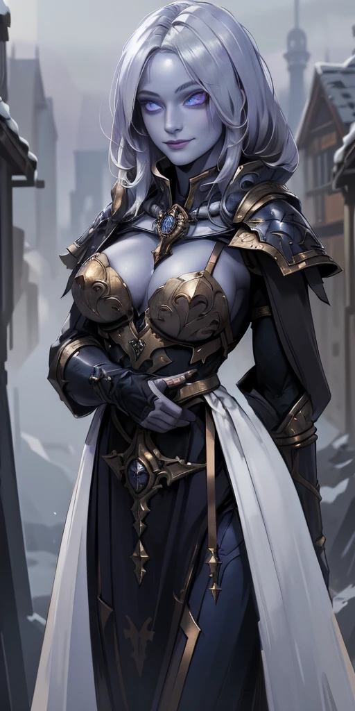 (Triplets) (chest covered) (smile) Gray skin, pale golden hair and violet eyes. They prefer clothing of white and silver with cloaks of deep blue or purple, village background, ((very precise detailed)) ((high res)