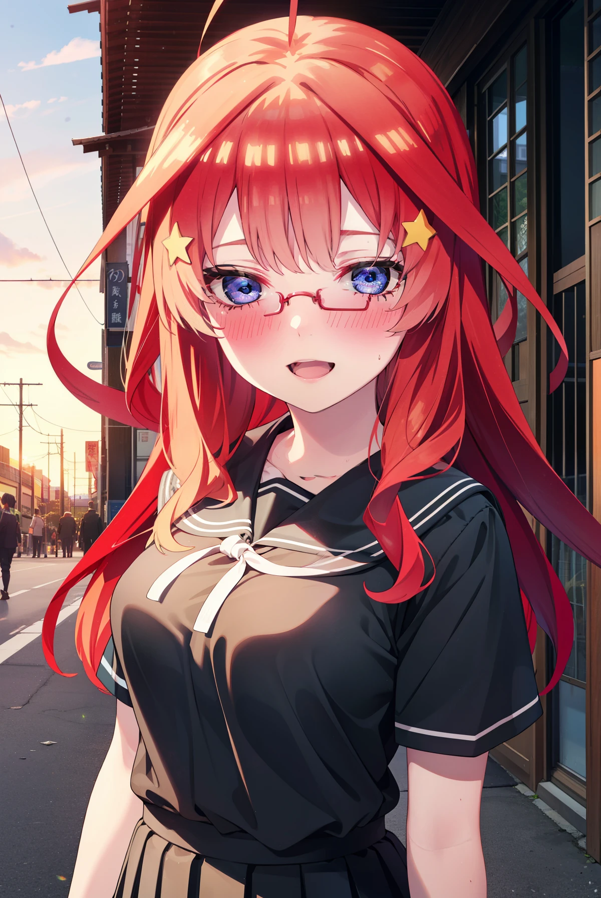 itsukinakano, Itsuki Nakano, bangs, blue eyes, Hair between the eyes, Ahoge, Redhead, star \(symbol\), hair ornaments, star 髪飾,blush,smile、happy smile, smile, Open your mouth,Akagi glasses,Big Breasts,Japan High School Girl(Black sailor suit),Short sleeve,black pleated skirt,Black knee-high socks,Brown loafers,Walking,morning,morning陽,The sun is rising,whole bodyがイラストに入るように,Walking上から見下ろす,
break outdoors, In town,Building district,
break looking at viewer, whole body,
break (masterpiece:1.2), highest quality, High resolution, unity 8k wallpaper, (figure:0.8), (Beautiful fine details:1.6), Highly detailed face, Perfect lighting, Highly detailed CG, (Perfect hands, Perfect Anatomy),