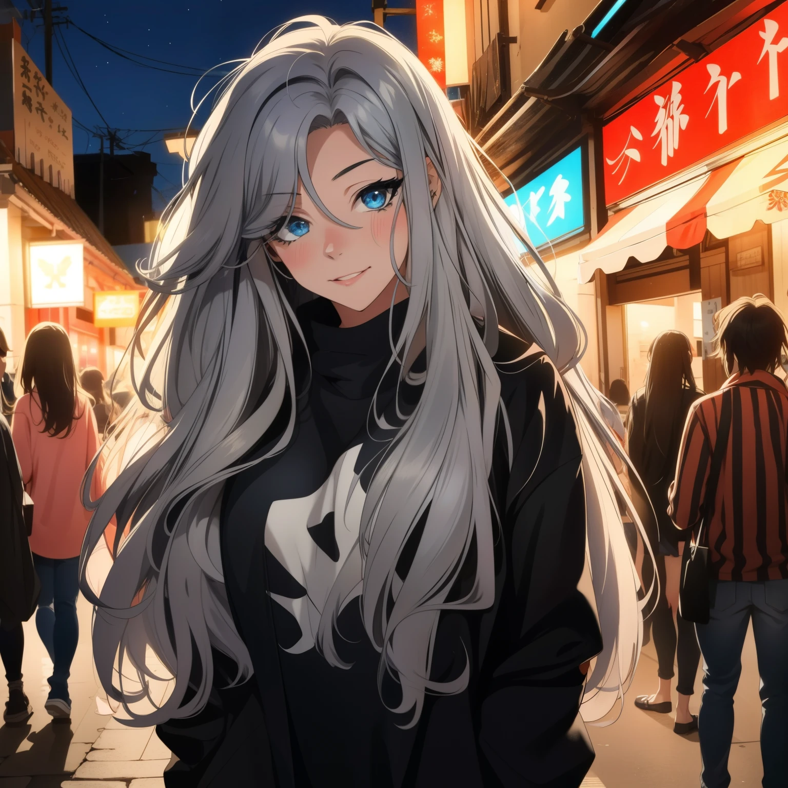 2D Anime Masterpiece: A Colorful and Highly Detailed Portrayal of a Pretty Drunk Girl

At night, nestled within the lively atmosphere of a vibrant beer shop, a group of friends can be seen, with the main focus on a young woman exhibiting a drunken expression. Her full body is beautifully depicted, clad in casual attire, her silver long hair cascading down her back in loose waves, creating a striking contrast against the colorful surroundings.

Her face, sharp and pretty, showcases a drunken smile, her blue eyes shining brightly, glossed over with a touch of mischief. The details in her facial features and the high quality