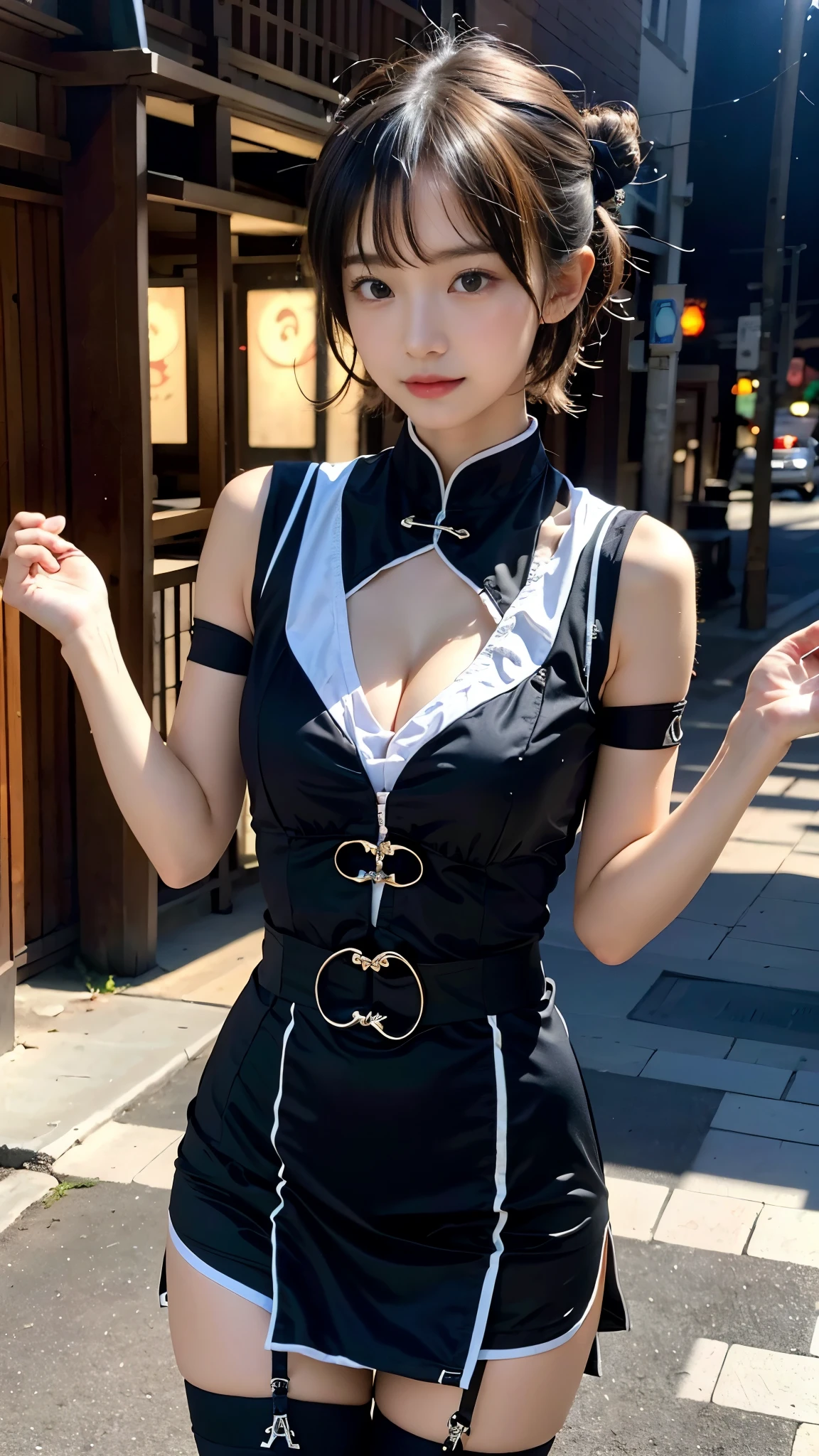 (((Meeting in a dark alley at night))), (Ghost Taoist Priest Costume:1.3), (Magatama:1.5), (12 years old:1.5), (Amazingly cute:1.5), ((highest quality, 8K, masterpiece)), (Photorealistic:1.4), (Baby Face:1.5), (Perfect body:1.2), (Slender body line:1.2), (Small and slender figure:1.3), (Detailed eyes and face:1.2), ((Enchanting Sparkle, Mysterious atmosphere, Exciting colors, Captivating colors,Dramatic lighting, Captivating aura)), (Accurate Shadows), (View the viewer), (Perfect Anatomy), (Detailed hands:1.2), (Large Breasts), (short hair), ((Bun Hair)), ((Sexy side bangs))