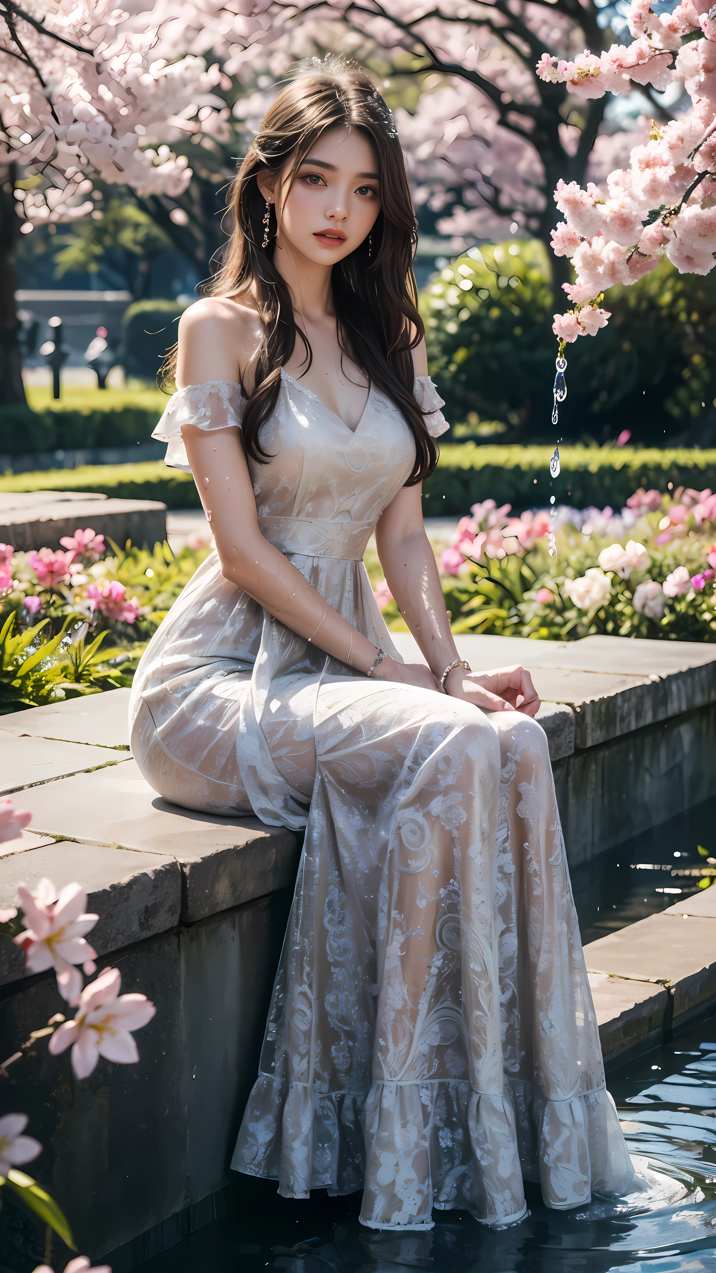 4k, Ultra high quality, masterpiece, 1 girl, serious face, delicate eyes, Very long hair, (flared dress:1.5), blue flared dress, Paisley print, (jewelry:1.5), bell waist, In the garden, Cherry blossoms, rain:1.5, (water:1.5), sit,