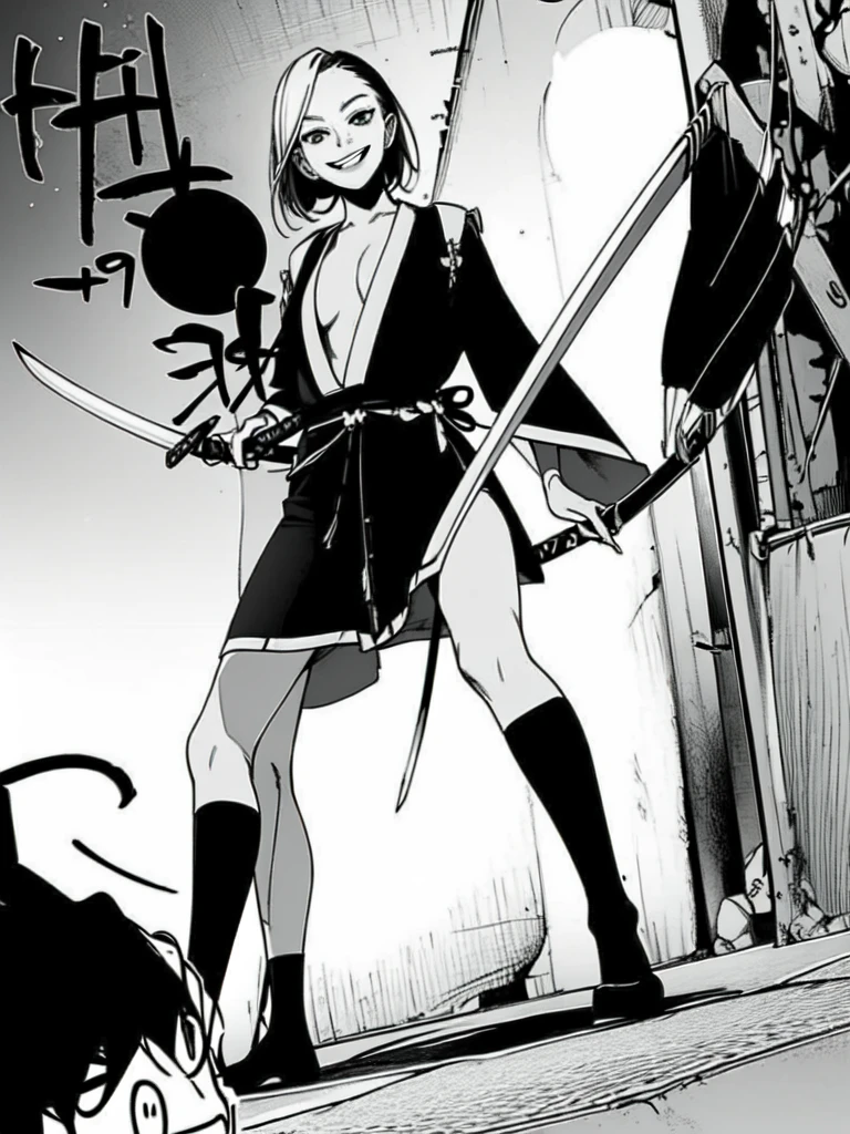 (angle from head to feet), girl, standing with katana, smiling like psychopath