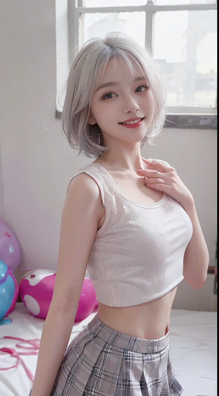 Best image quality、RAW Photos、超A high resolution、21 years old Korean、Small breasts、Dynamic Angle、Cowboy Shot、Chaos in its most beautiful form、elegant、Brutalist Design、Vibrant colors、Beautiful white hair、Short Bob、smile、fun、smile、Glowing White Skin、Beautiful eyes with random colors、Very thin lips、Beautiful eyes in every detail、length, Narrow eyes、Cheeks are pale pink、length eyelashes、Beautiful double eyelids、eye shadow、Bright white hair、Crop top、See-through shirt、Vibrant colors、Checkered Pleated Skirt、Bright room、Shooting from the side、Look up、Hands