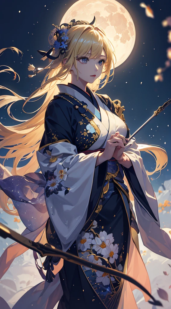 masterpiece, high quality, 4K, Beautiful design, silhouette,blonde,, 非常に詳細な夜のStarry Sky,Flower Field, wonderful, Finer details, Very knowledgeable woman, Highly detailed solo, 1 female,Beautiful Eyes,tears,Big Breasts,White kimono,Night view,Starry Sky,full moon,