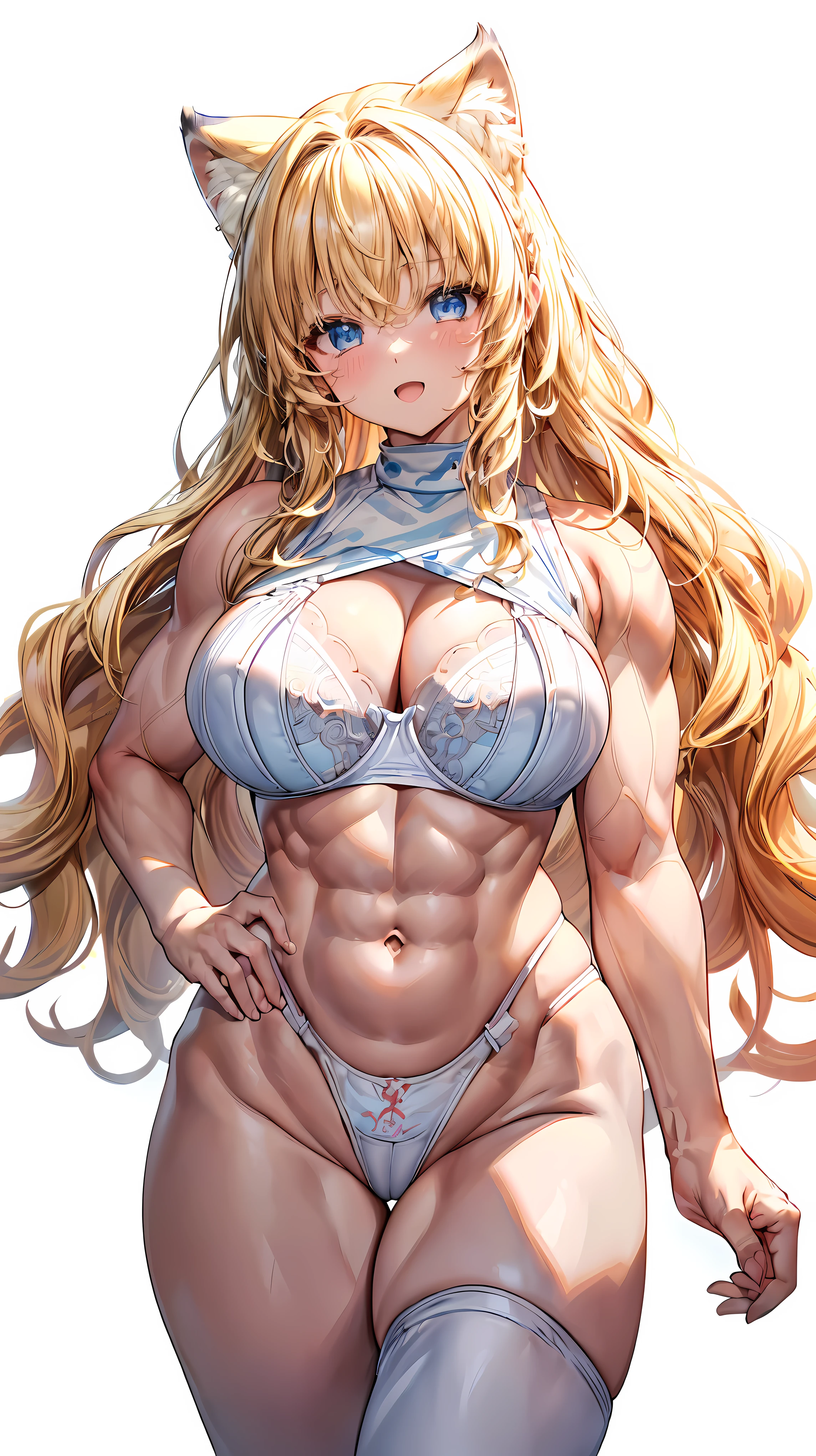 Very detailed、highest quality、Best image quality、masterpiece、8k、Anime Face、A kind smile、(Open your mouth:1.3)、Sparkling blue eyes、(Blonde Wavy Hair:1.5)、(Muscles of the whole body:1.3)、(highleg:2.0)、Thigh belt、(Cowboy Shot:1.5)、(SFW Giant)、(Thick body:1.2)、(bra:1.5)、(sxspnts)、(White background:1.5)、(Cat ear)