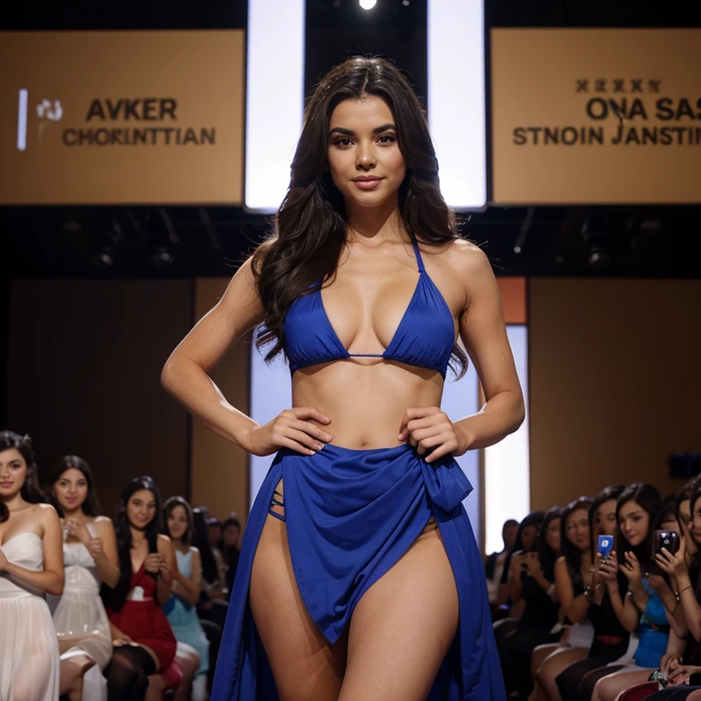 In the Miss World pageant, Miss is walking in a sexy bikini dress.