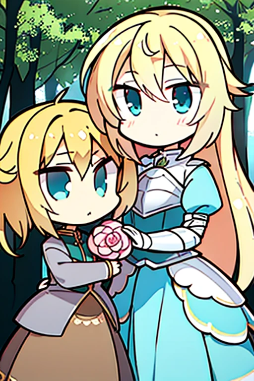A blonde haired female knight with teal eyes is holding a peony in a forest
