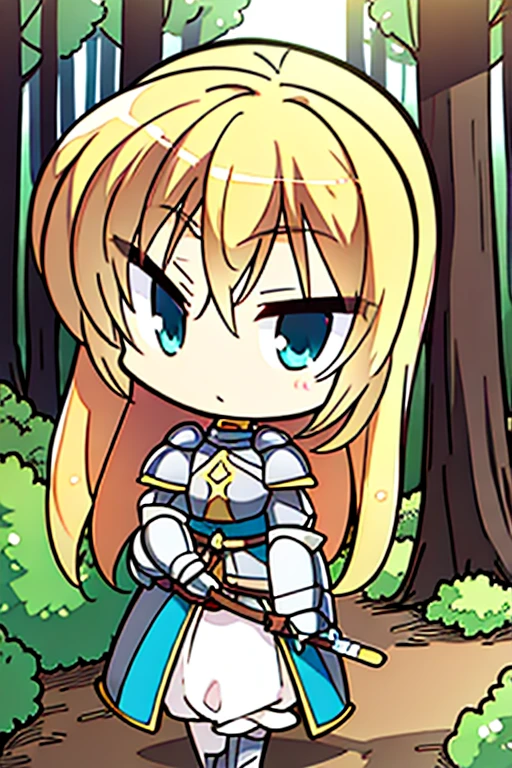 A blonde haired female knight with teal eyes is exploring the woods