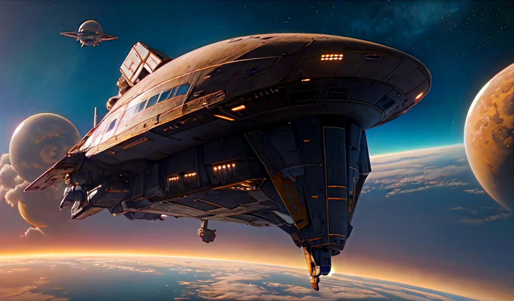 The spacecraft flies over the space station in a colorful sky, alien ship, Beautiful sci-fi art, spaceship in the sky, science fiction fantasy wallpaper, spaceship in the sky, spaceships in the cloudy sky, naves espaciais voando, naves espaciais voando above, epic fantasy science fiction illustration, naves espaciais voando around, science fiction fantasy wallpaper, science fiction art